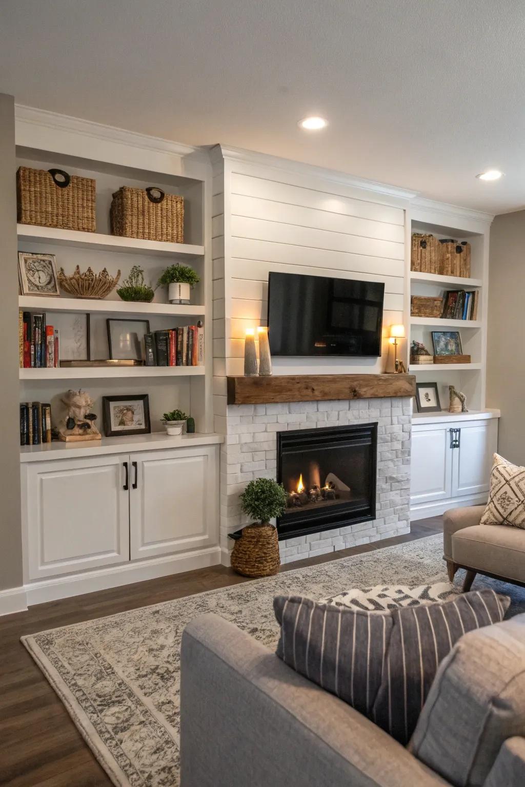 Built-in shelving enhances both practicality and style.