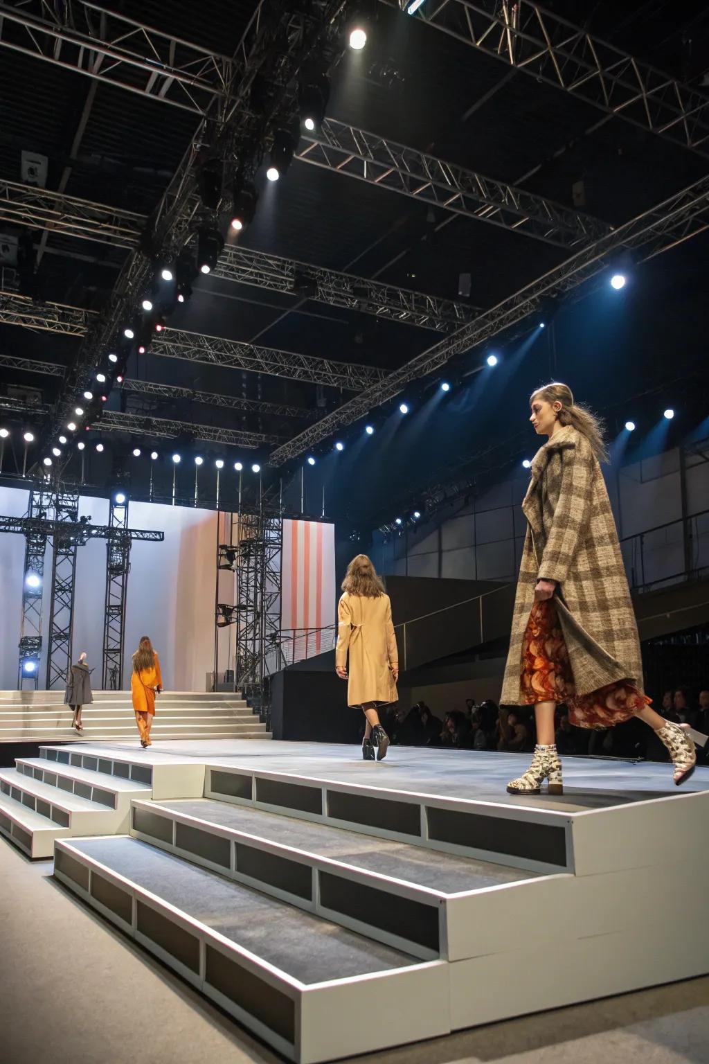 Modular stage designs offer flexibility and dynamic perspectives in a fashion show.
