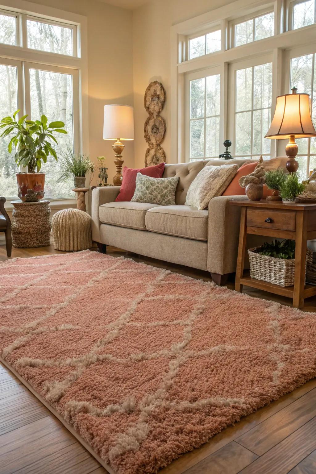A plush floor covering enhancing the coziness of the living room.