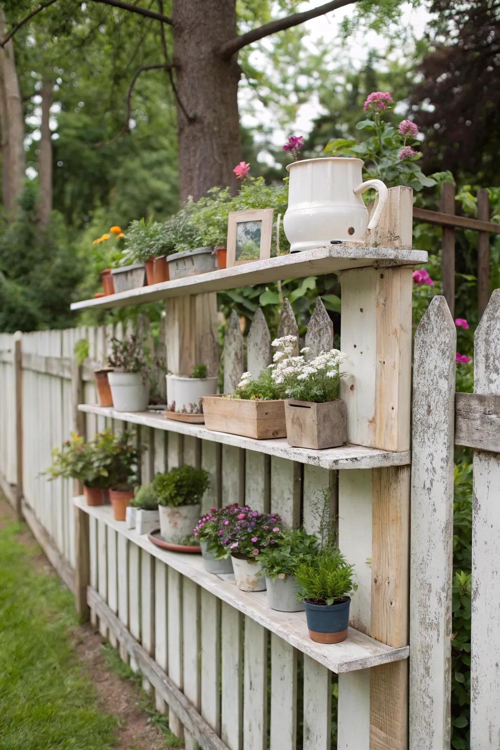Wall mount shelves add use and charm to your fence.