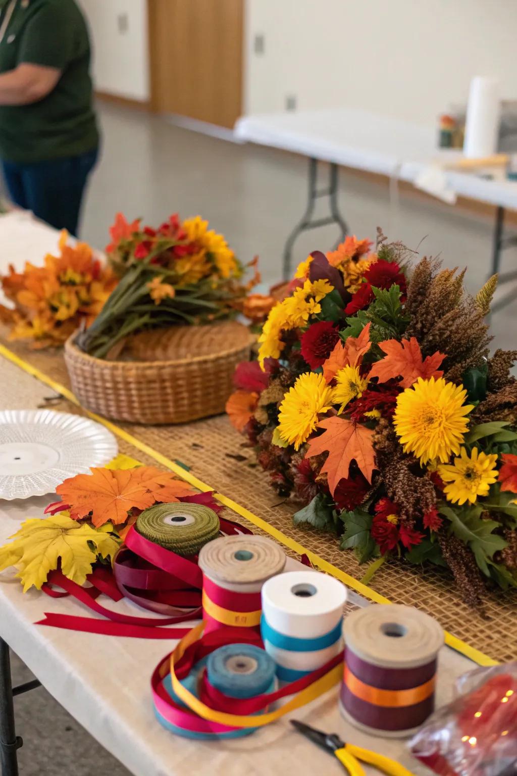 Fashion gorgeous autumn garlands with companions inside a workshop.