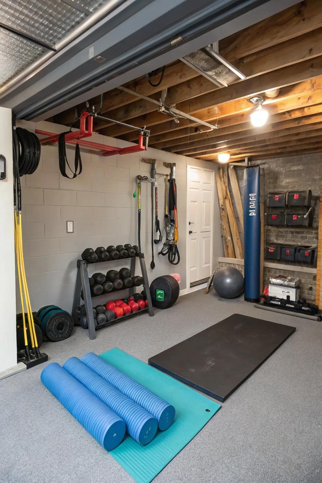 Maintain fitness with a concealed personal gym in your crawl space.
