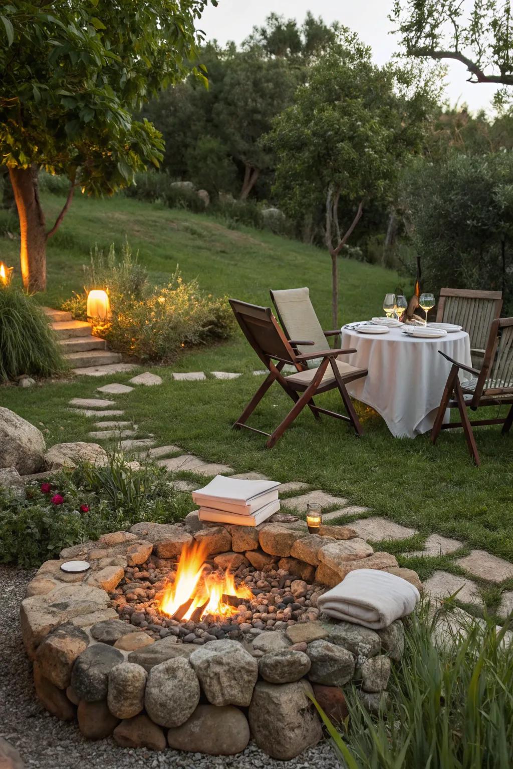 Dining and lounging combined for versatile fire pit enjoyment.