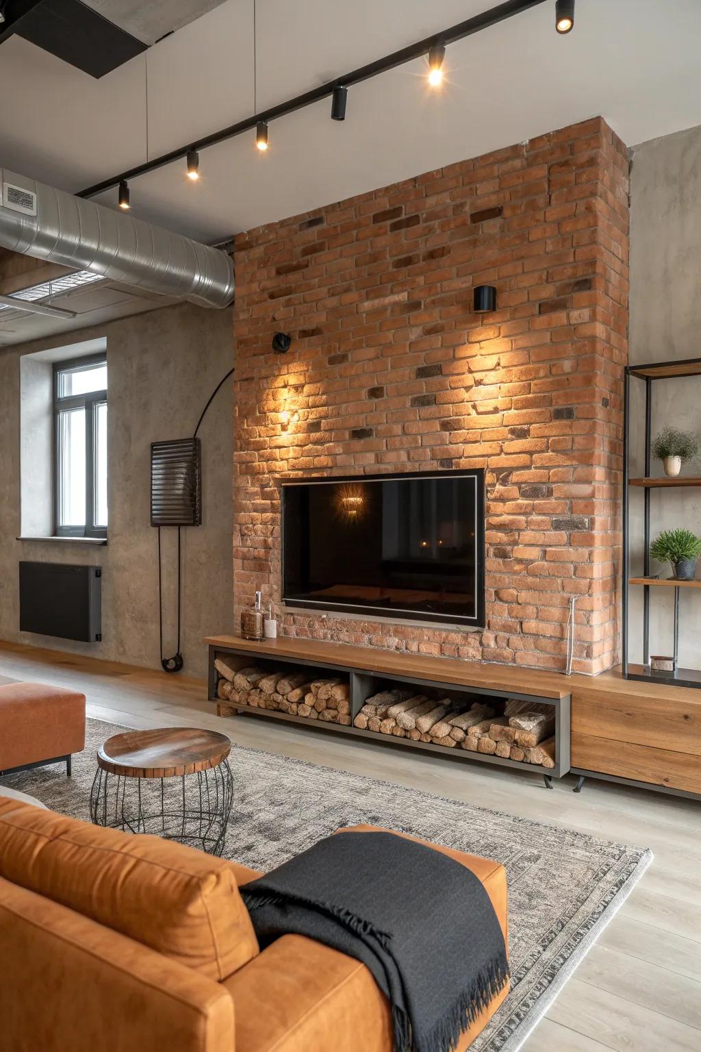 Channel a metropolitan atmosphere through an industrial-style fireplace and TV feature. #UrbanLiving #IndustrialChic 🏙️