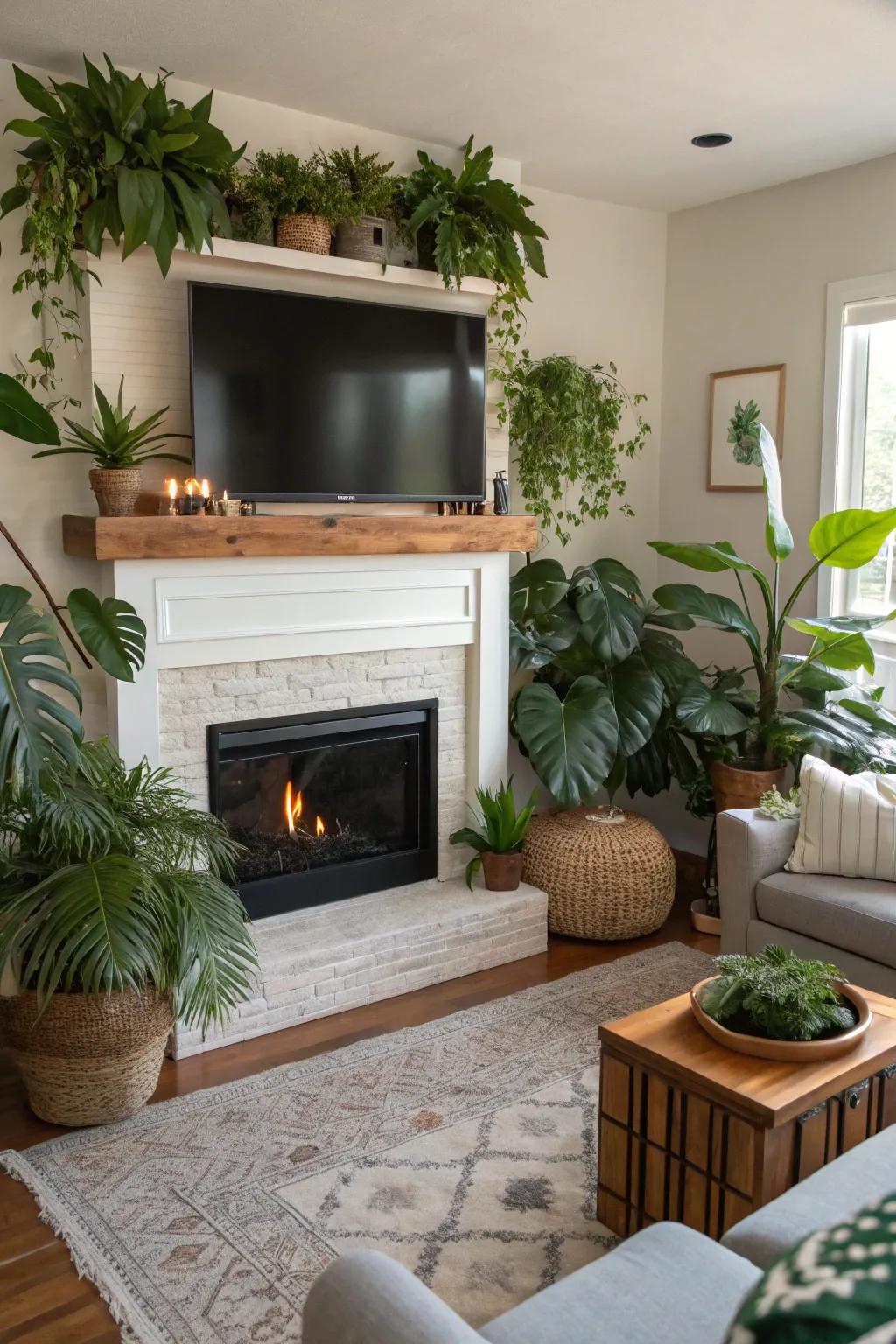 A living space with foliage enhancing a TV and fireplace setup.
