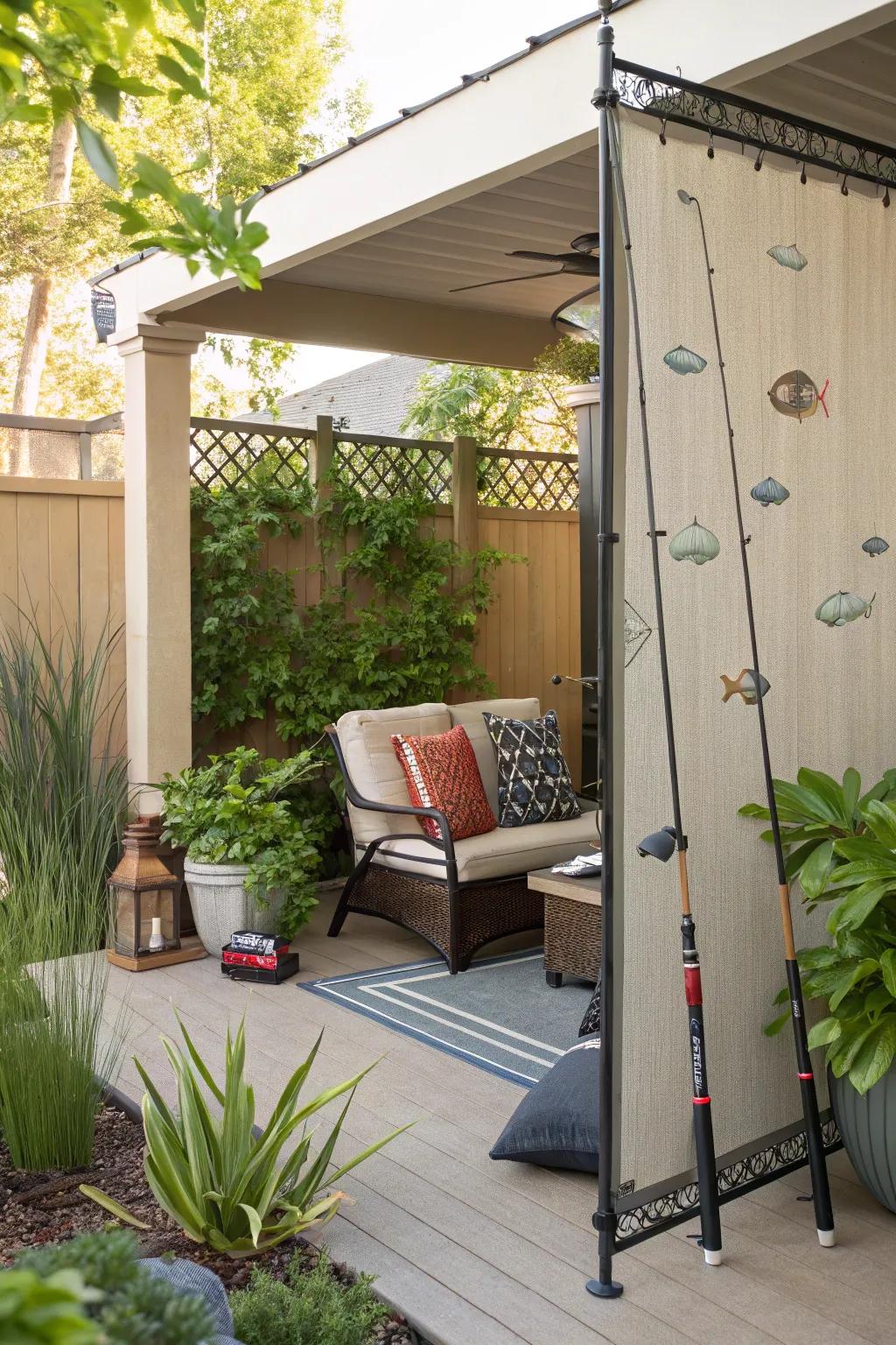 Angling tools create a functional patio privacy screen.