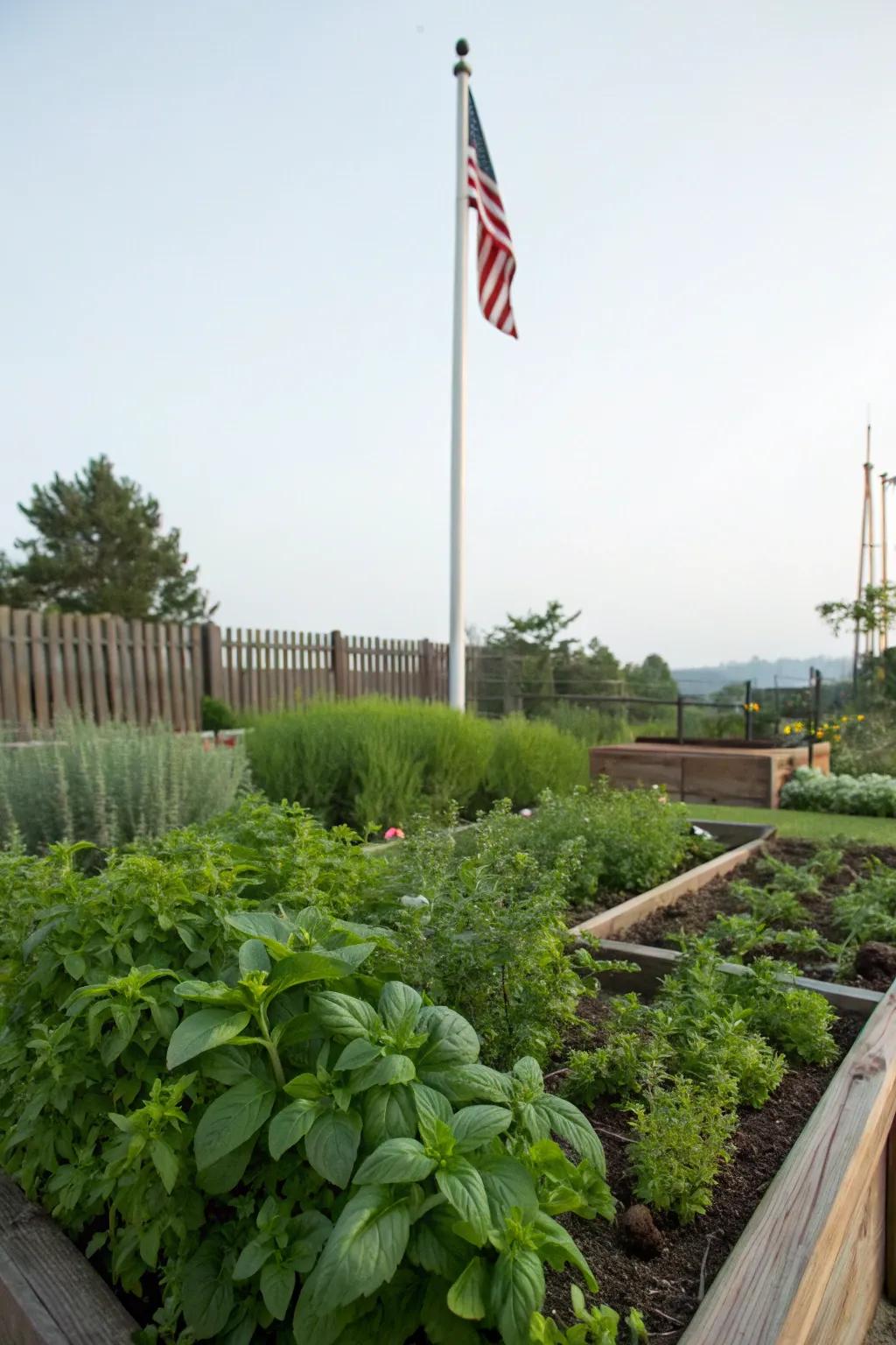 Herb gardens add fragrance and utility to flagpole landscaping.
