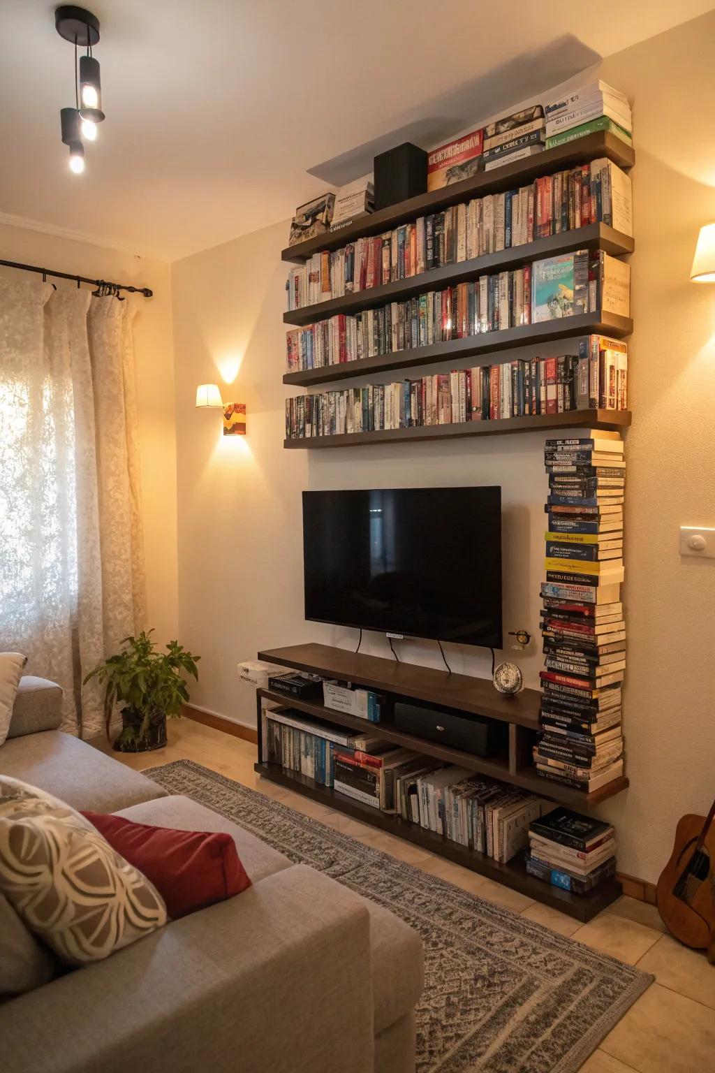 Vertical shelves maximize space.