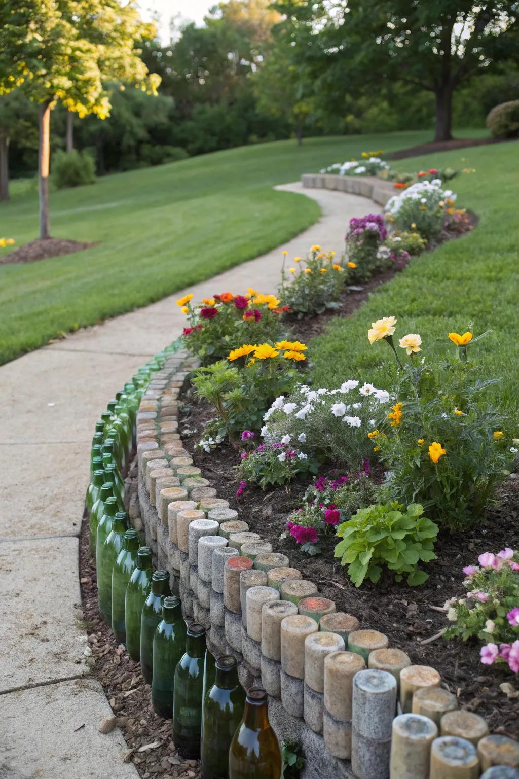 Reused glass bottles crafting an offbeat and colorful flower bed border.