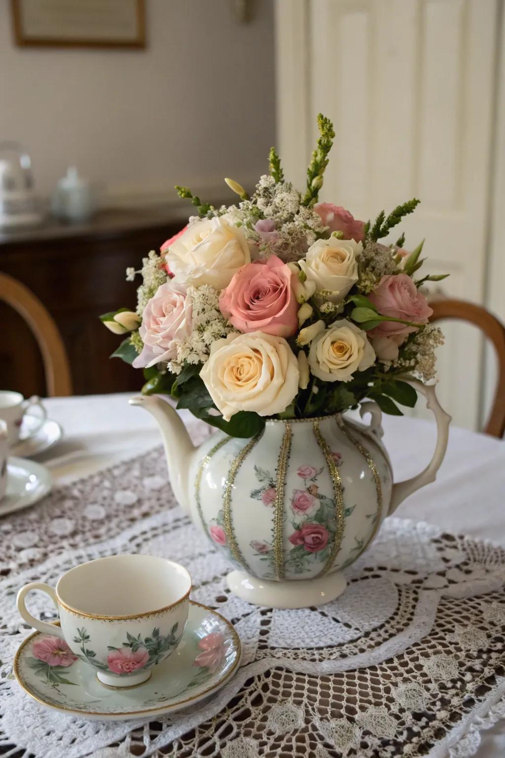 A vintage bouquet in a teapot adds a nostalgic touch to a dining table.