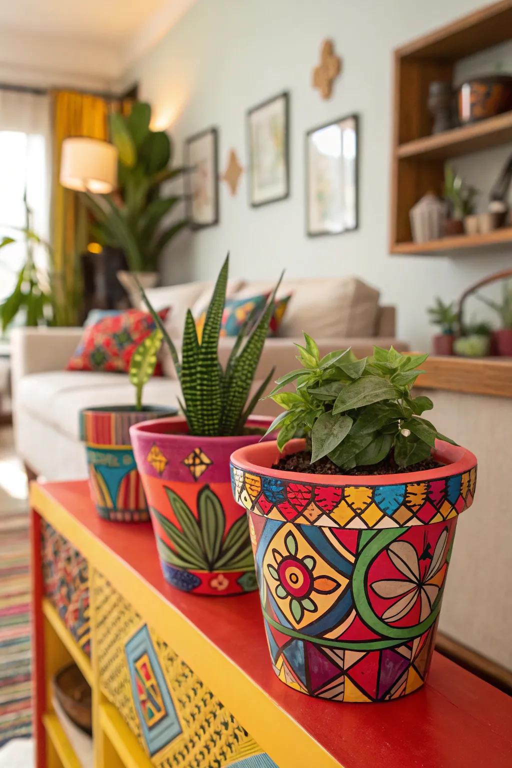 Create an impression utilizing bold, multi-colored motifs upon your flower containers.