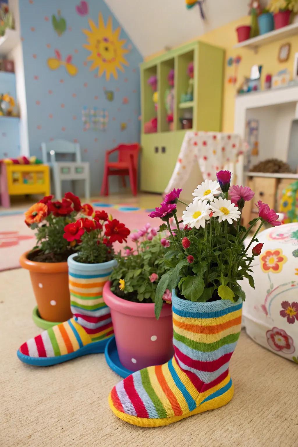 Flower containers dressed in vibrant hosiery for a fun twist.