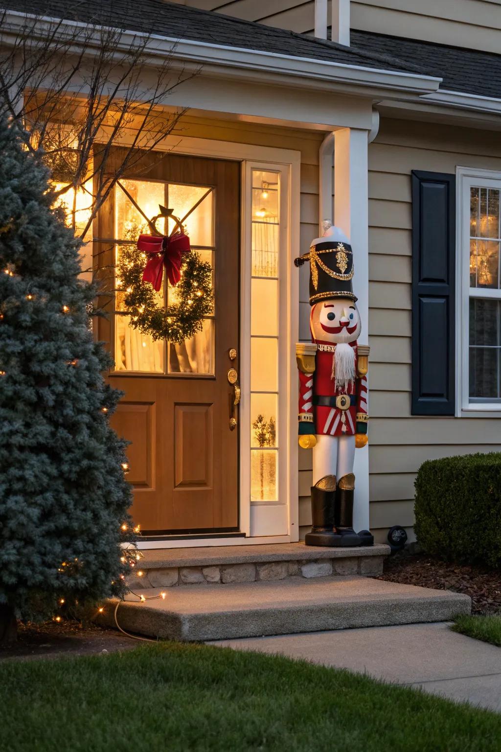 A quirky nut statue introduces a playful element.