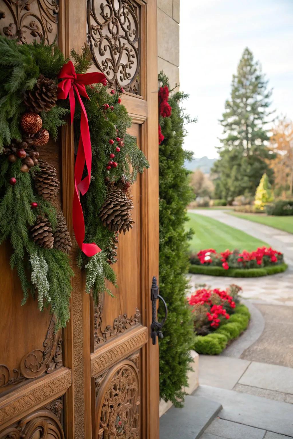 A lush chain adds festive flair to the doorway.
