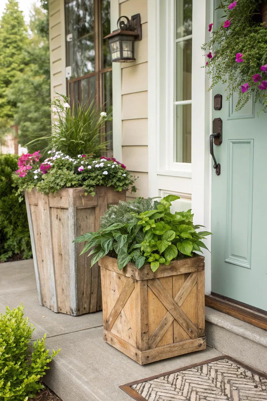 Add warmth to your entrance with rustic wooden planters.