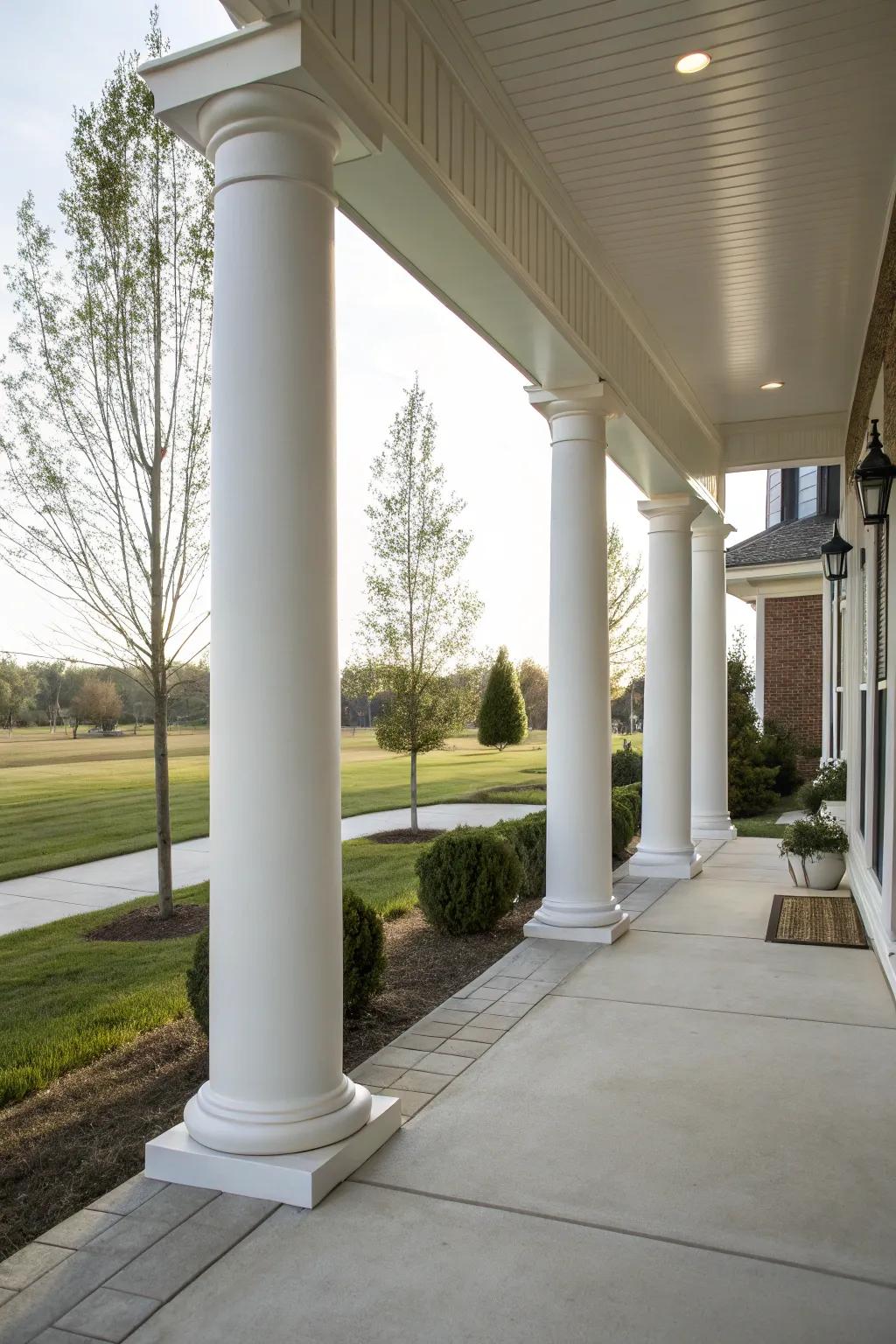 The use of polymer wraps provides a robust and polished appearance for porch columns.
