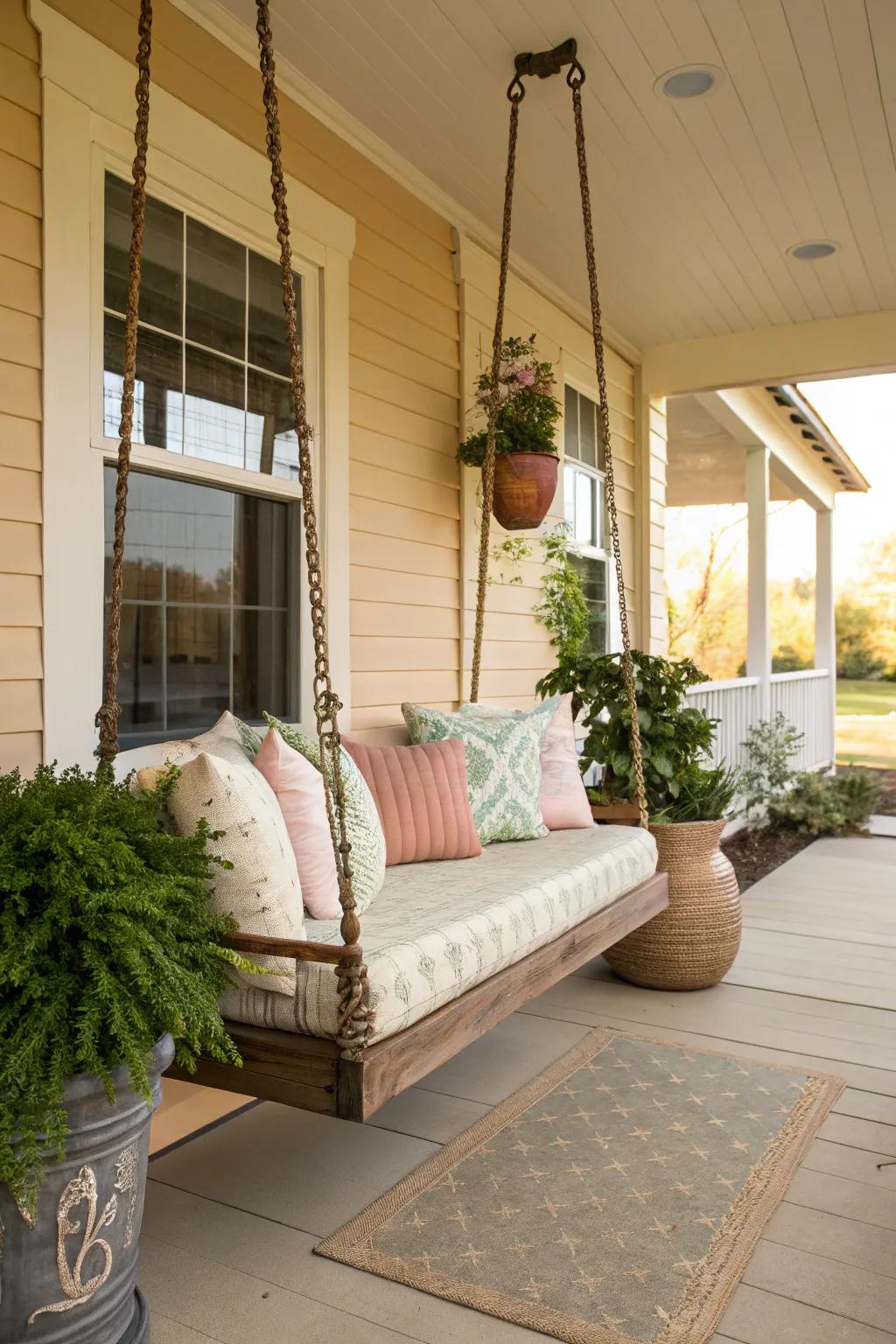 A suspended seat adds a fun and calming touch to your porch.