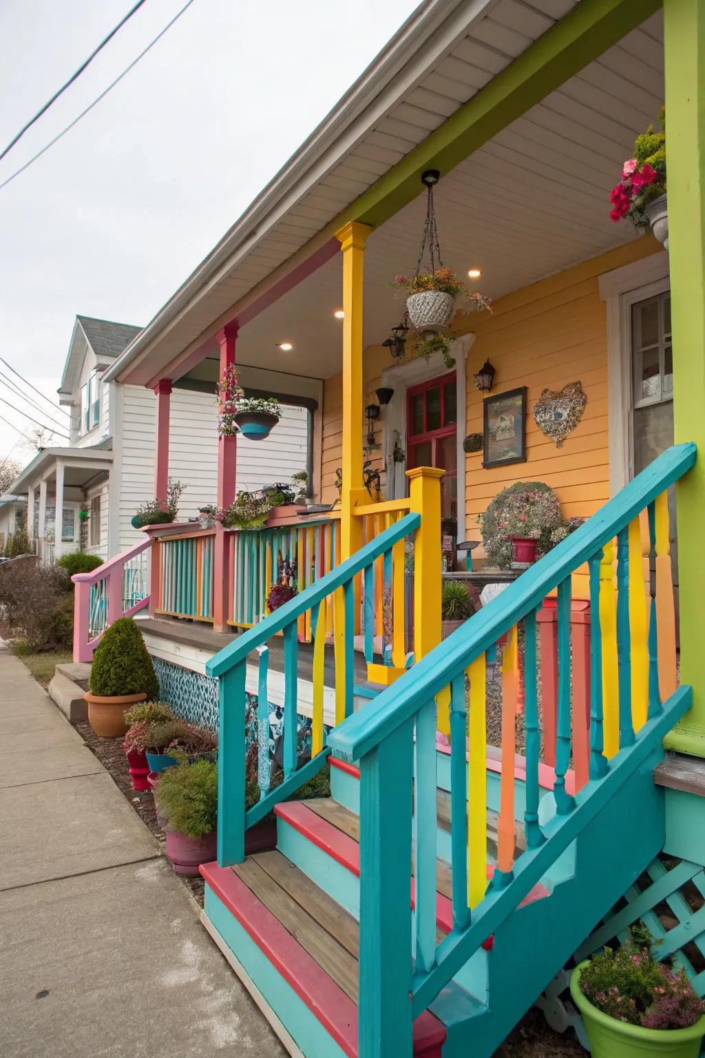 Colorful railings add a fun and inviting touch.