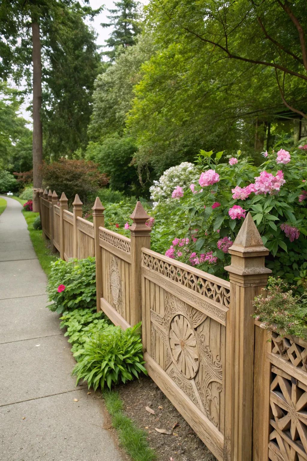 An attractive ornamental fence that defines a corner lot garden.