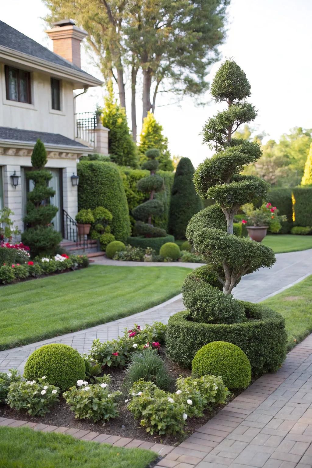 Topiary evergreens add charm and elegance to the landscape.