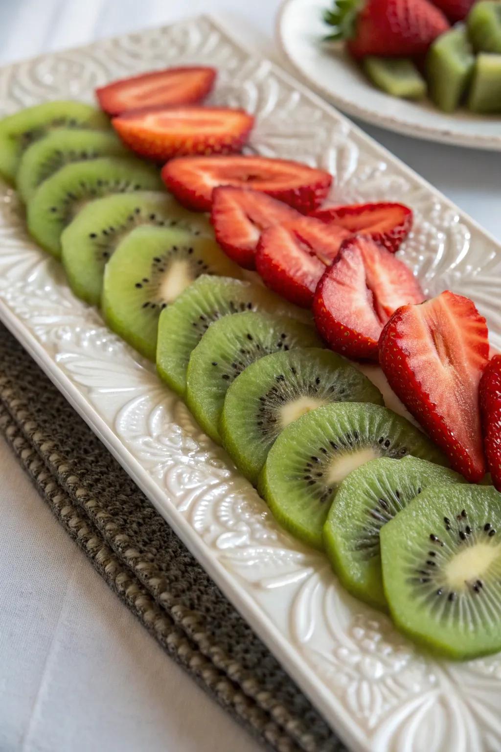 Kiwi and strawberry platters provide a fresh, vibrant look.