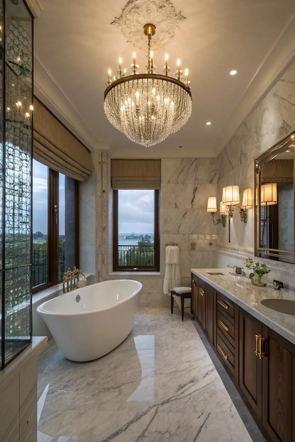A lavish chandelier lifts the elegance of this bathroom.