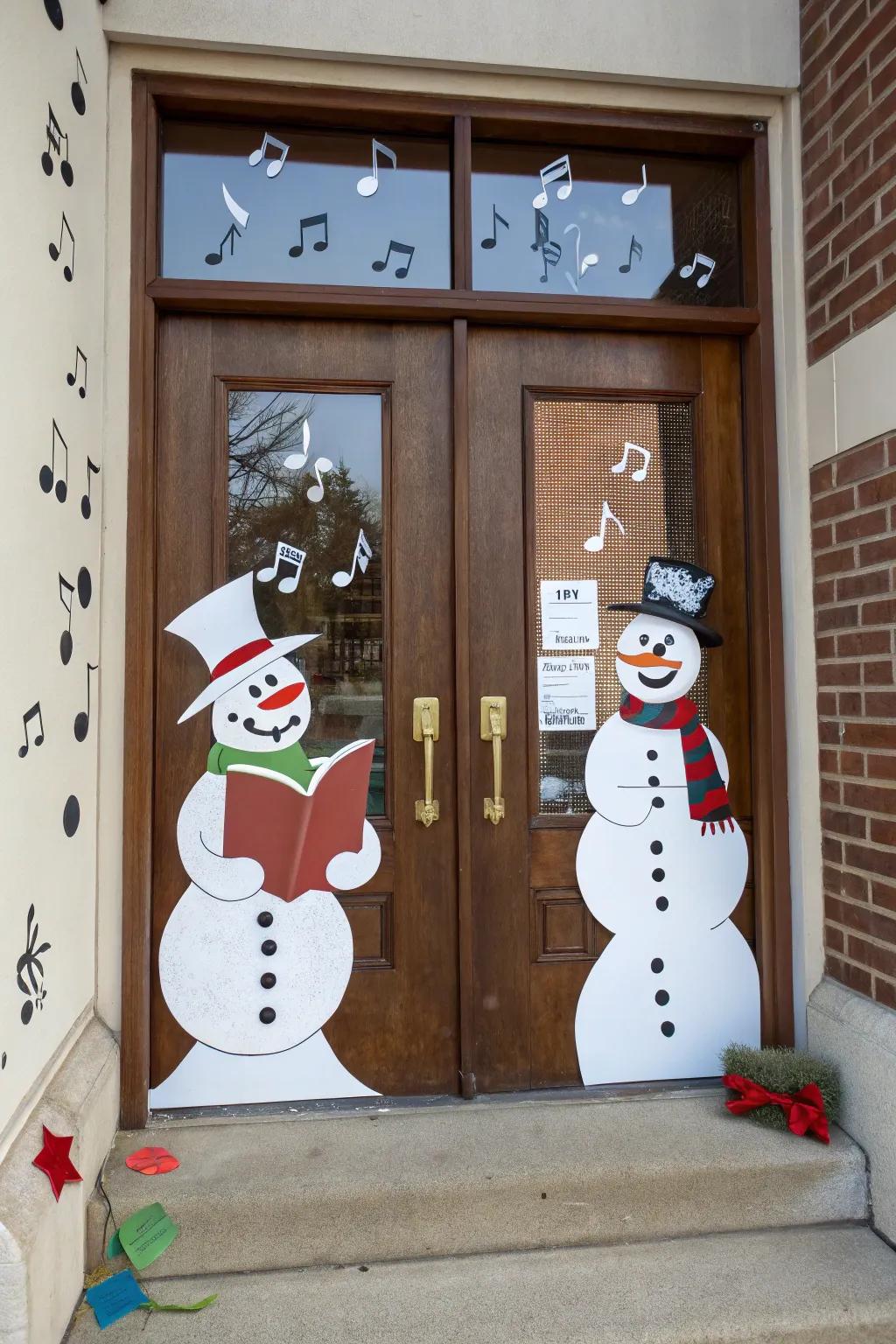 Singing snowmen bring a musical and merry feel to your holiday door.