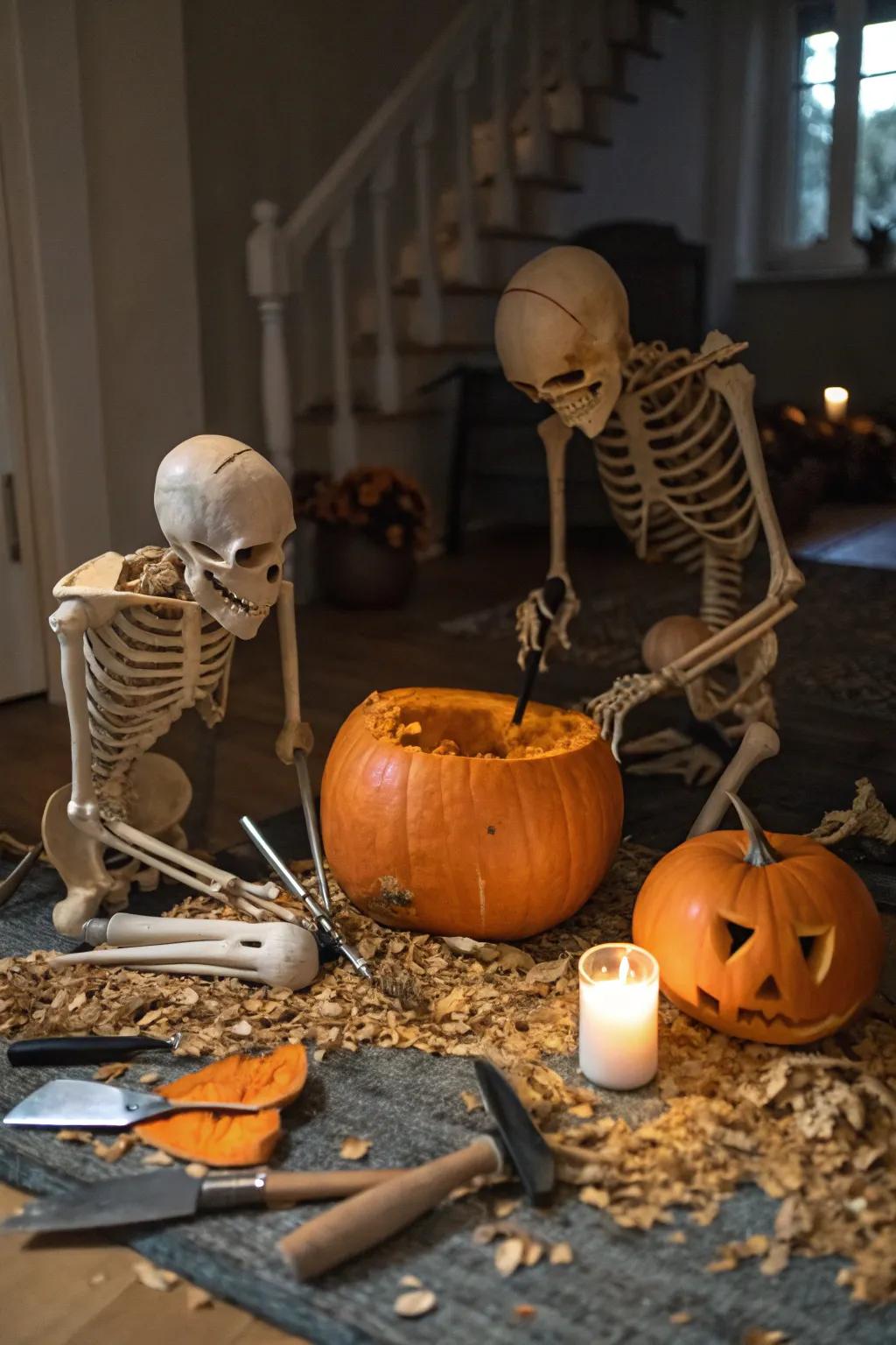Skeletons busy at work carving pumpkins.