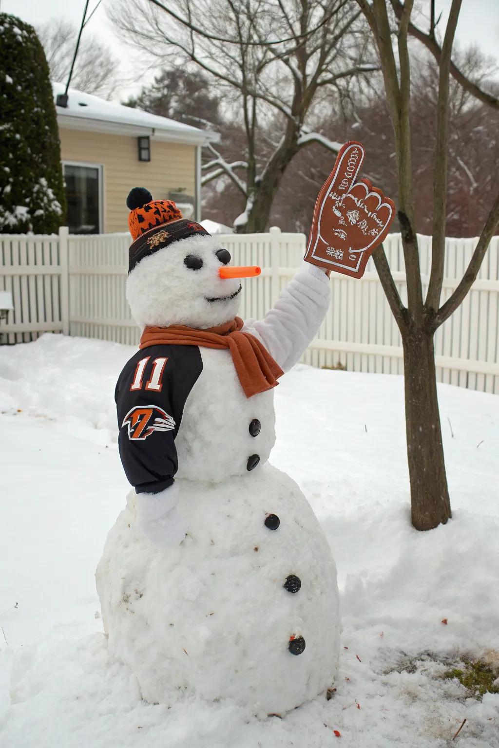 A snow figure cheering for the home team.