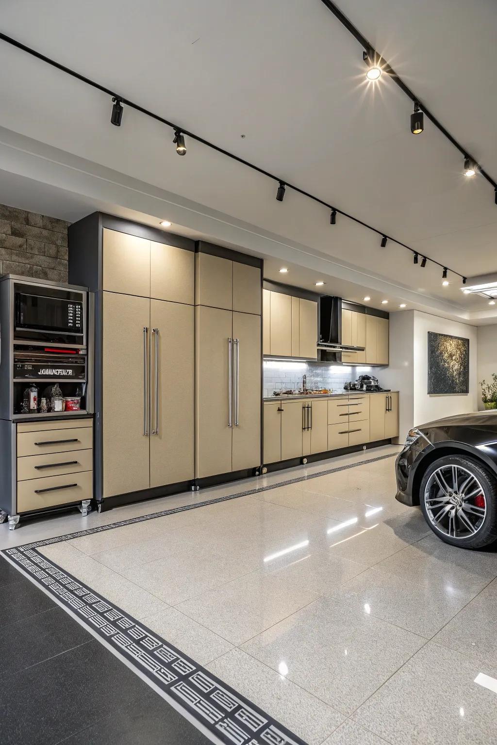 Sandstone cabinets deliver minimalist luxury with a modern edge.