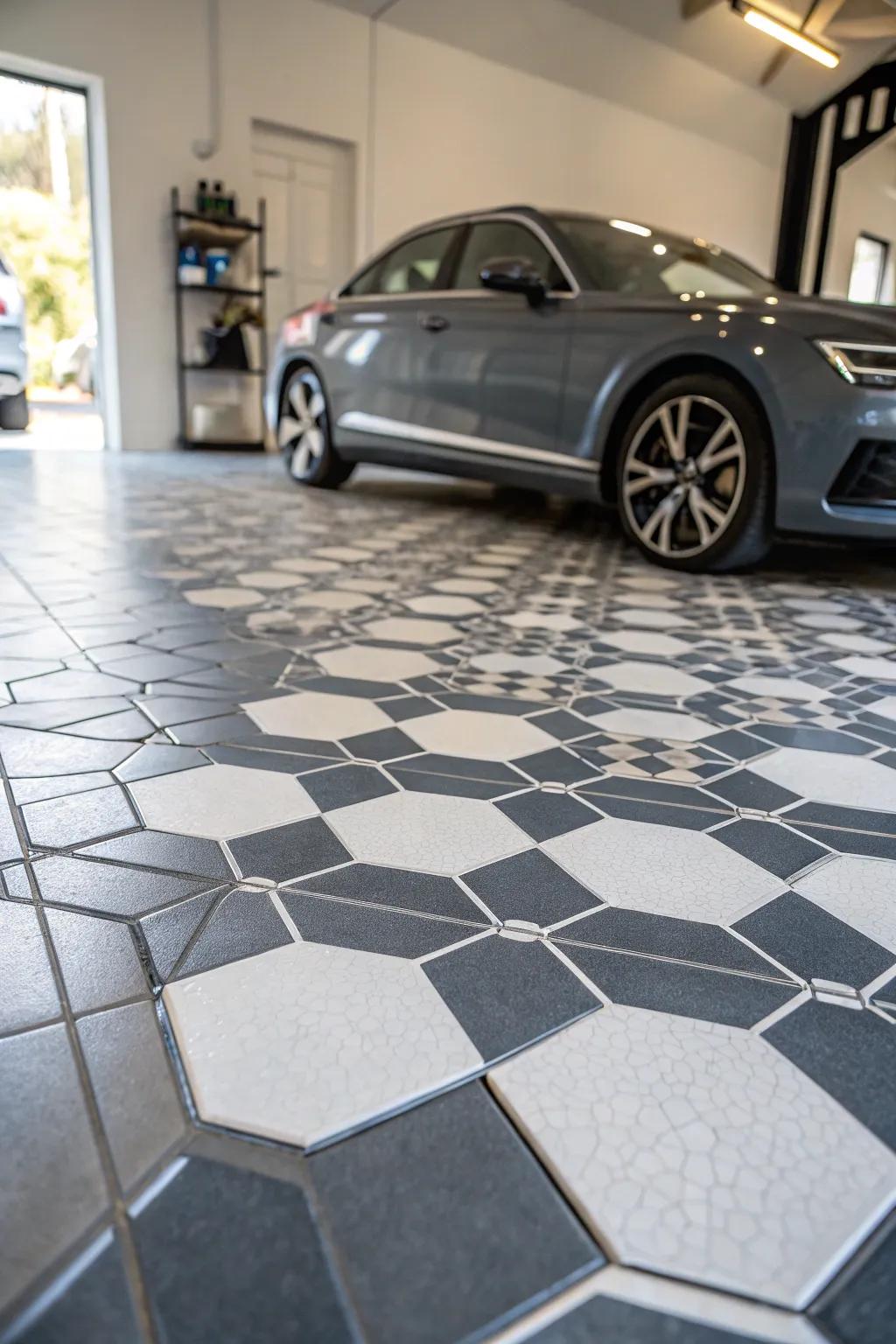 Geometric tiles contribute a contemporary flair to your garage.