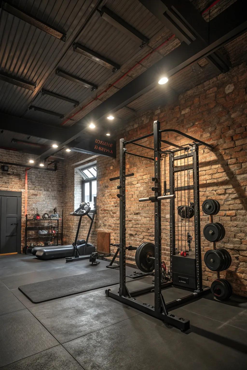 Structured walls contribute depth and an industrial vibe to your fitness area.