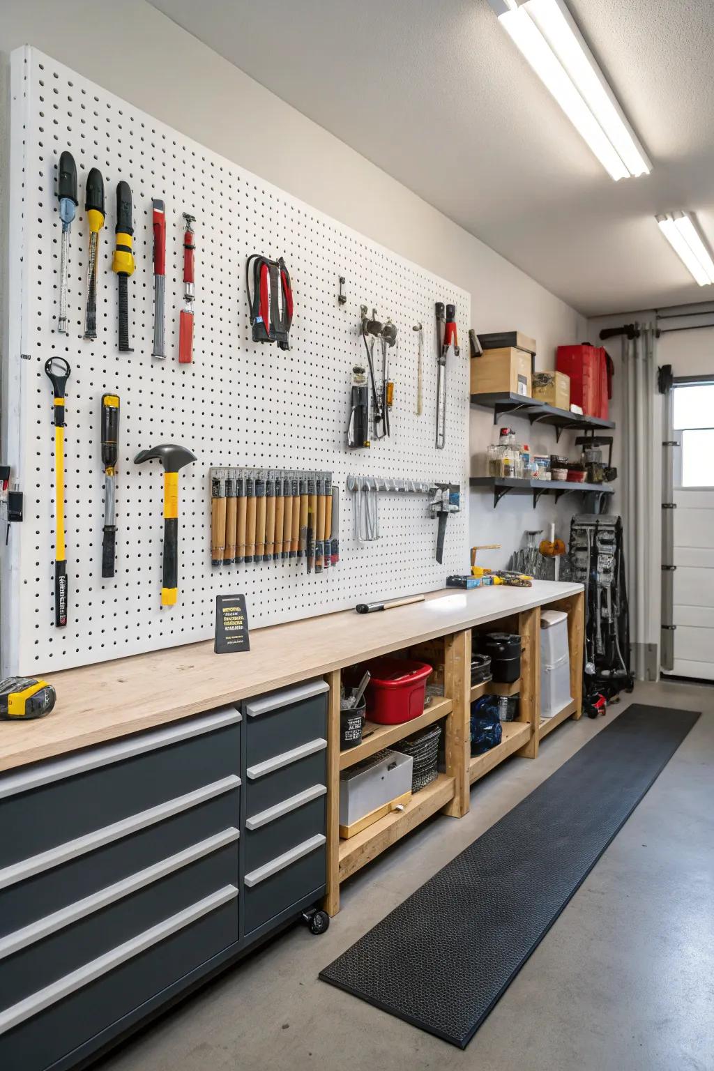 A pegboard system keeps tools organized and accessible.