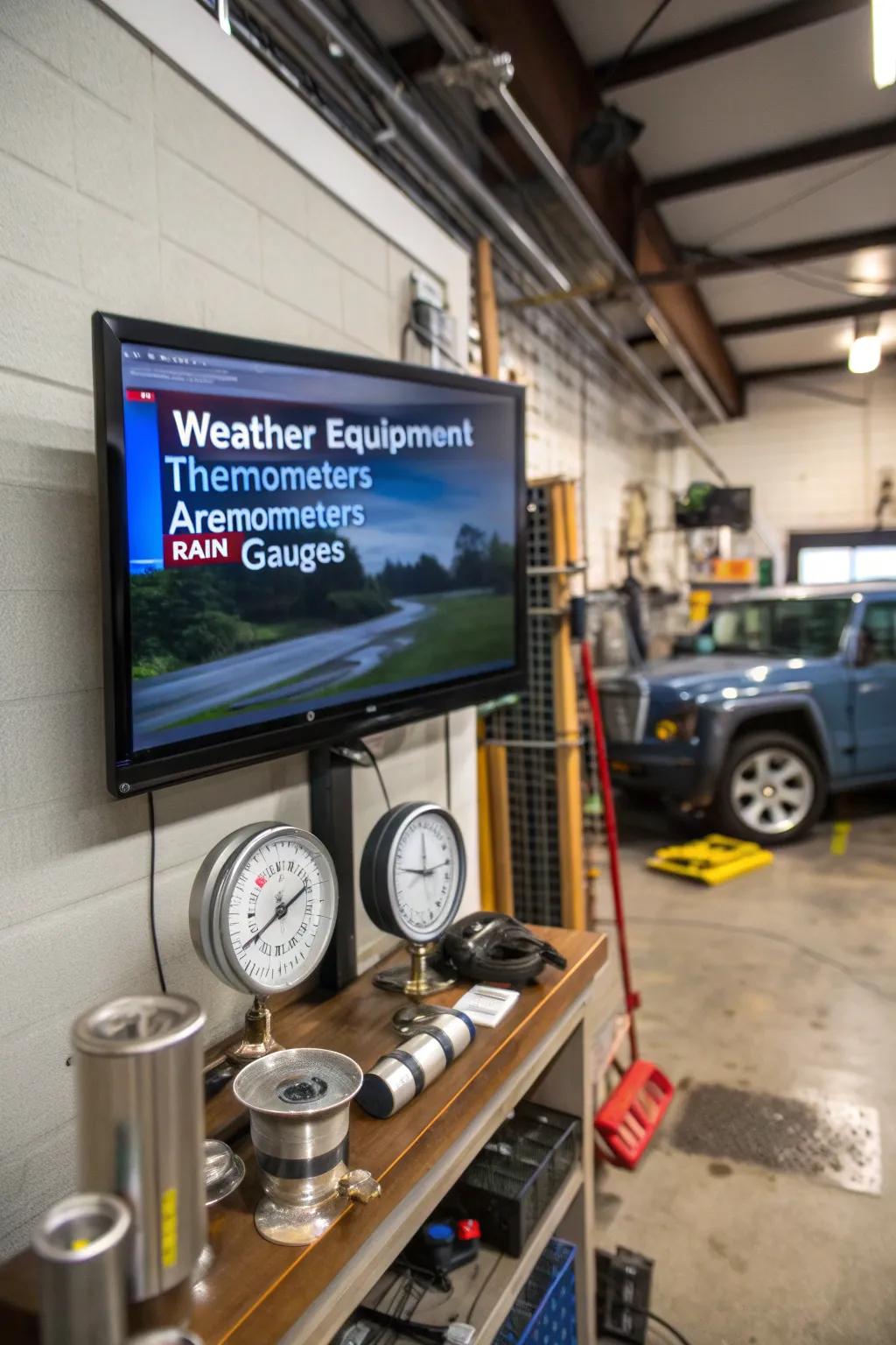 Stay informed with a weather monitoring station and TV in your garage.