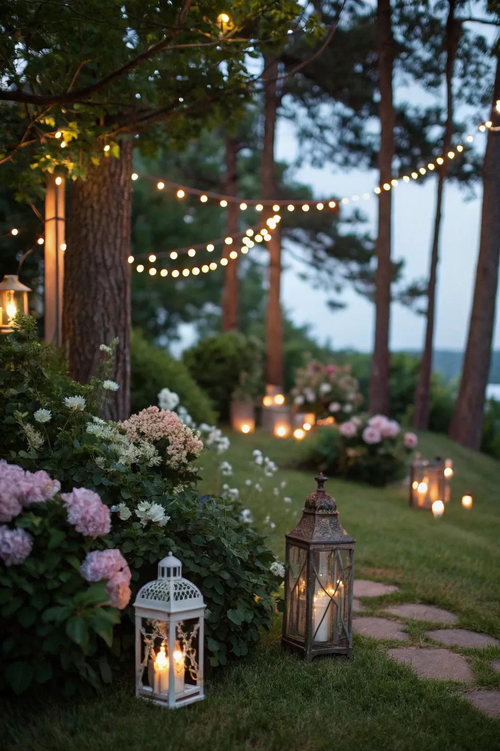 An enchanting garden atmosphere crafted with ornamental lighting.