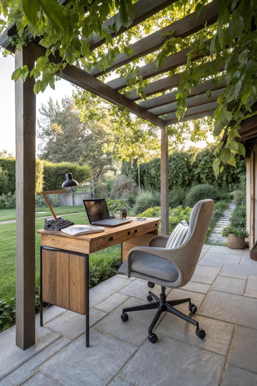 A unique under-pergola workspace, combining open-air freedom with productivity.