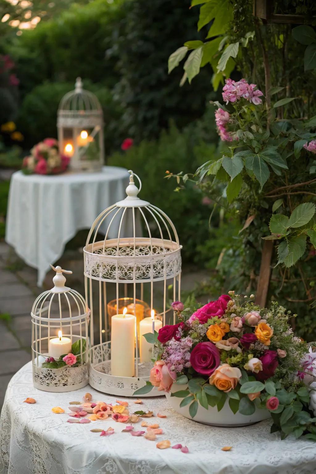 Cages introduce a sophisticated element to the tea event d&eacute;cor.