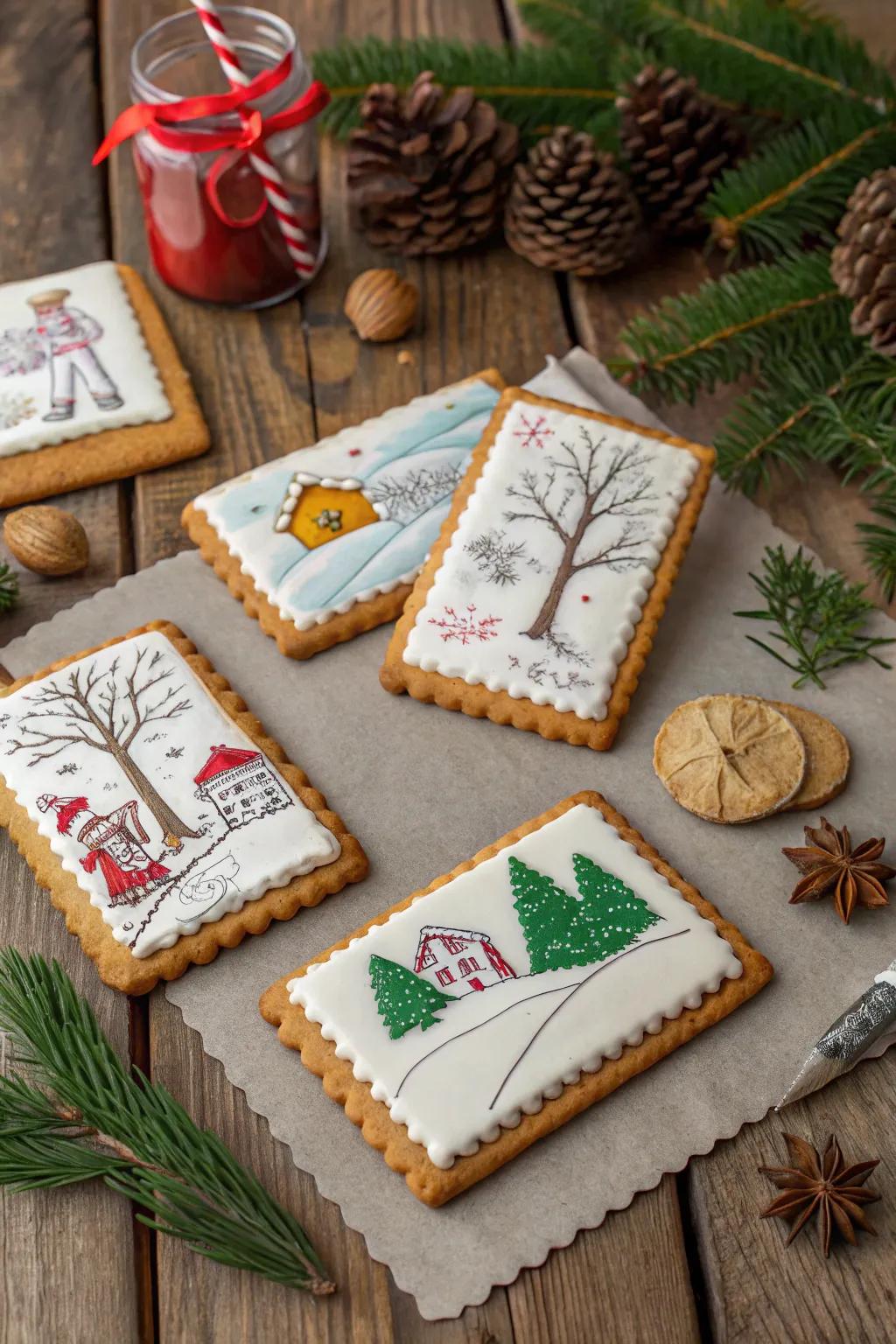 Personalized gingerbread postcards with festive drawings.
