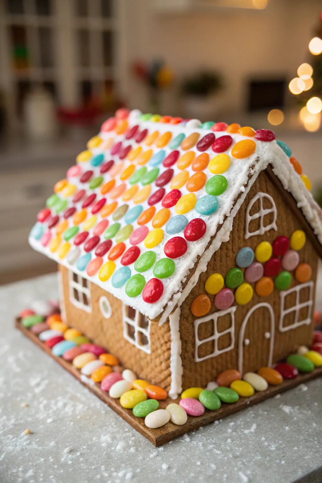 Gummy nugget mosaics convert gingerbread roofs into vibrant artworks.