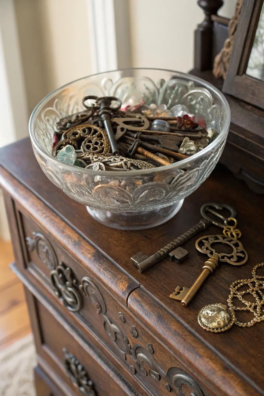 Timeless elegance through a glass bowl filled with keys and keepsakes.