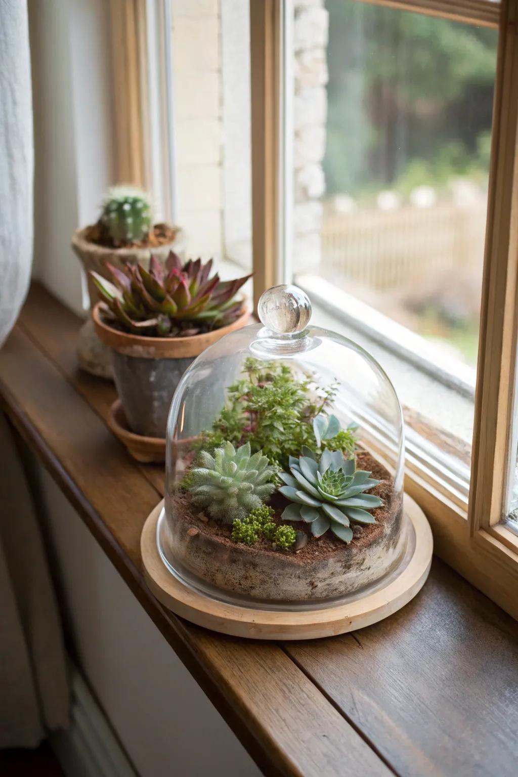 Indoor plants under a glass cloche enhance a bright area.