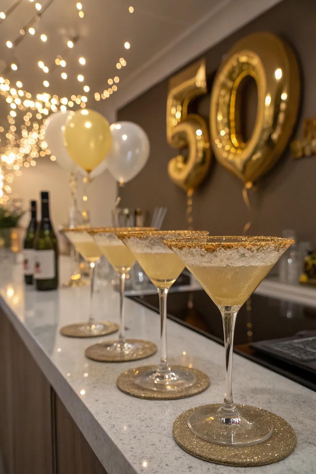 Golden mixed drinks add a celebratory sparkle to the party.