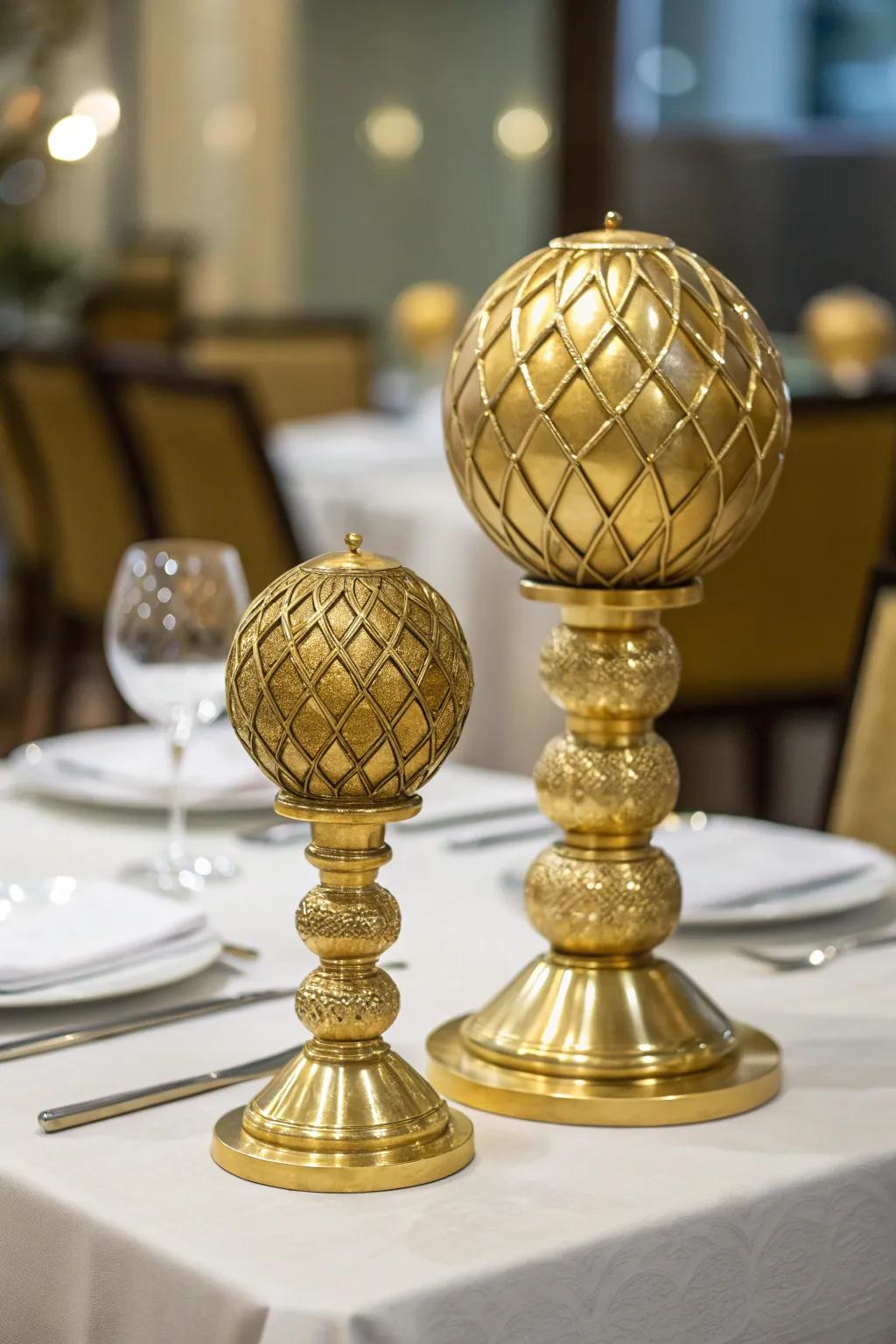 Artistic gilded spherical structures making a bold statement.