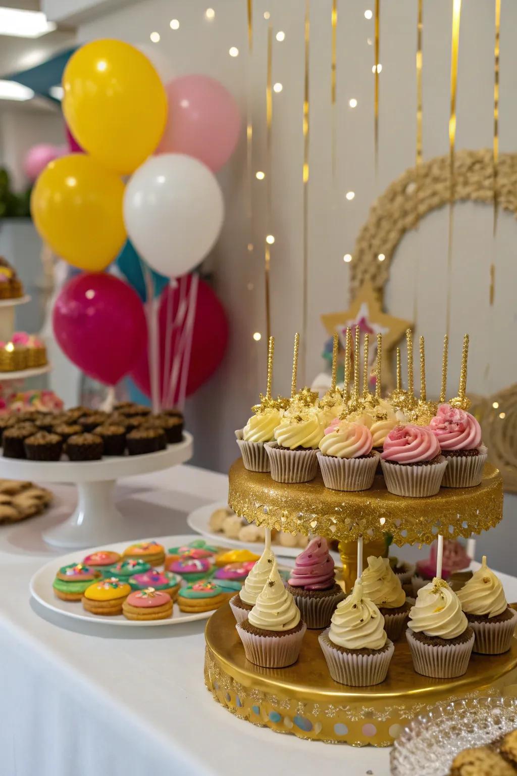 Intricate dessert display with gold-adorned treats.