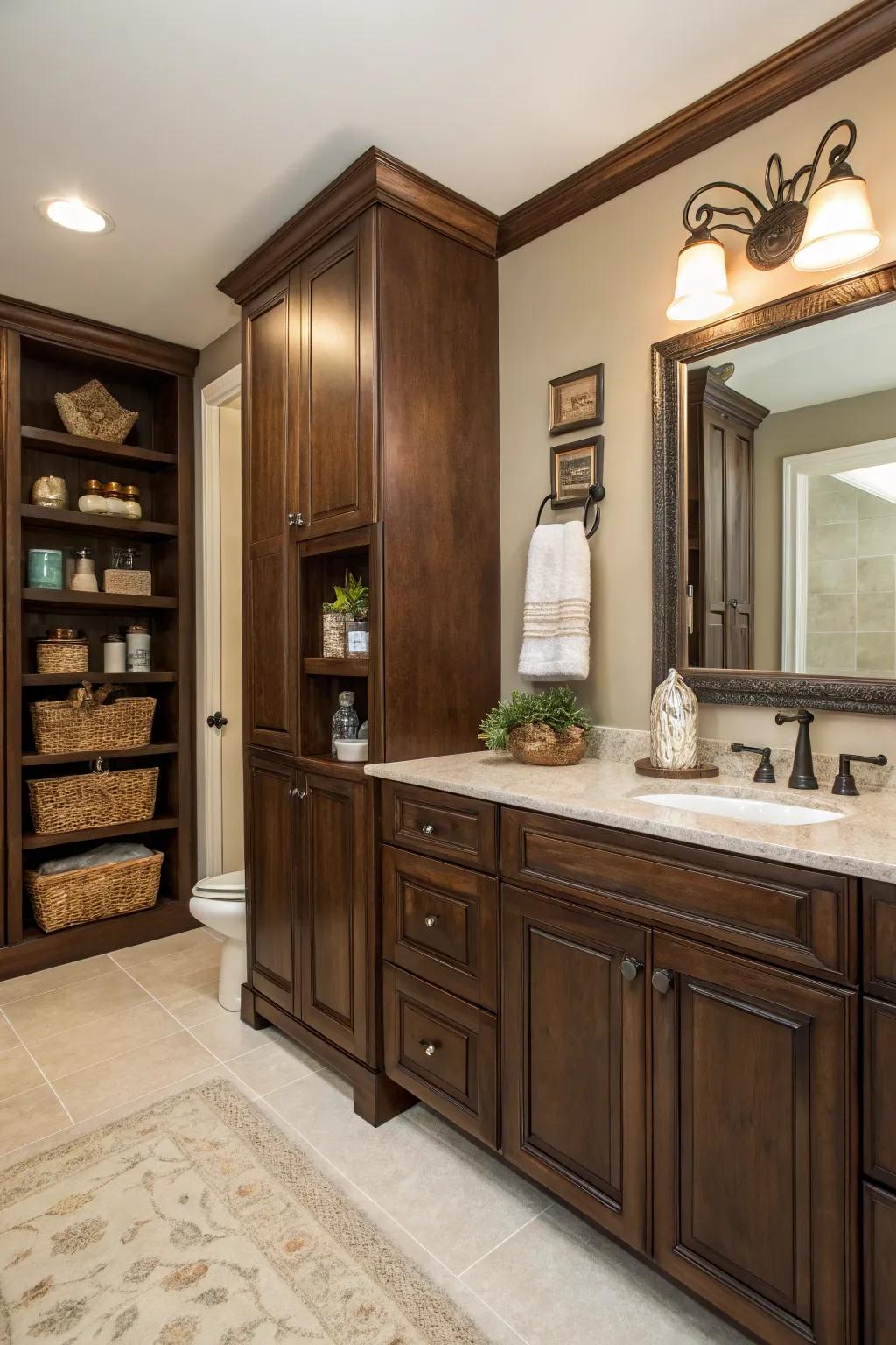 Deep wood pieces bring warmth and texture to the gothic bathroom.