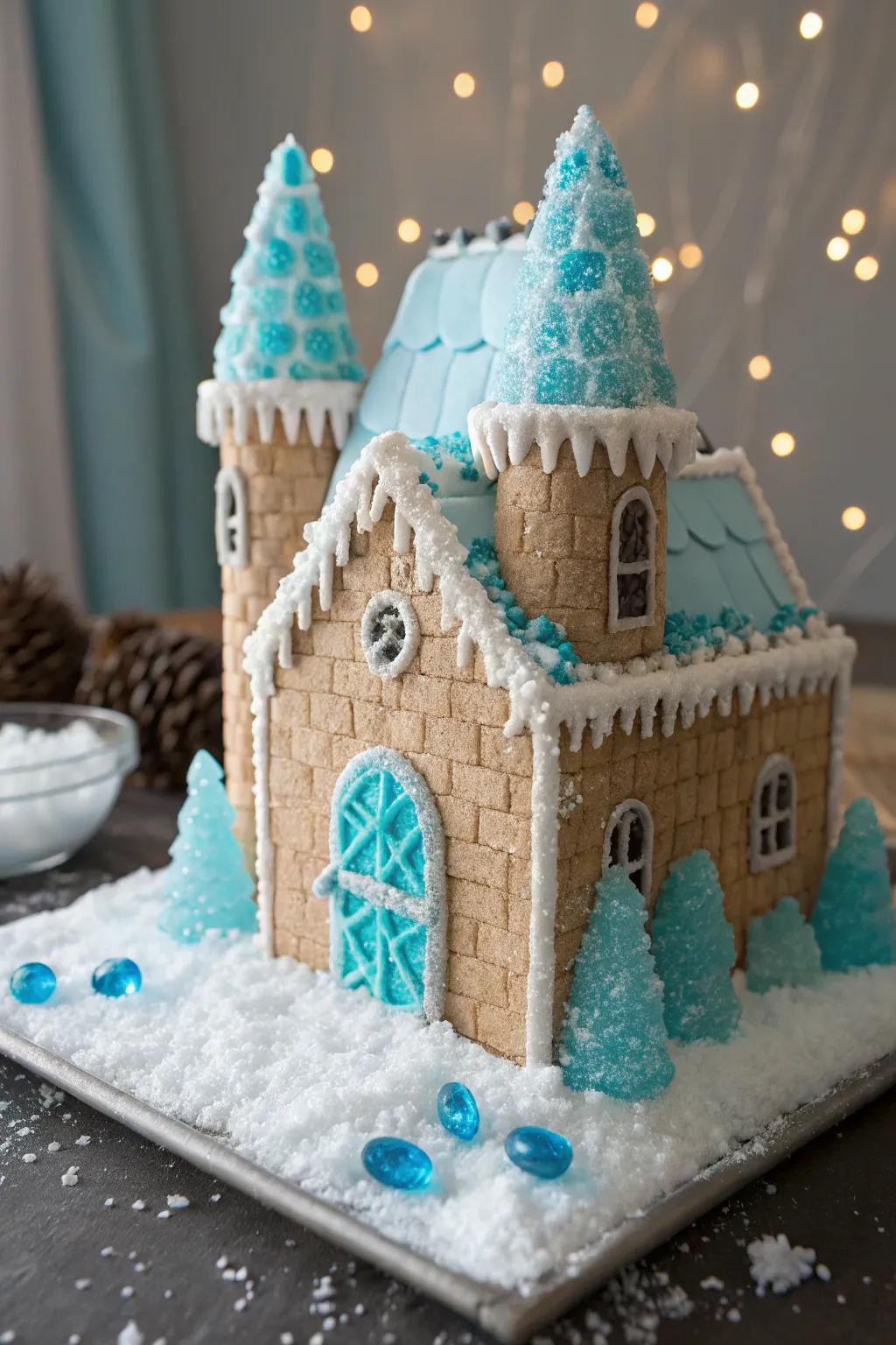 Ice fortress confectionary house displaying a frosty allure.