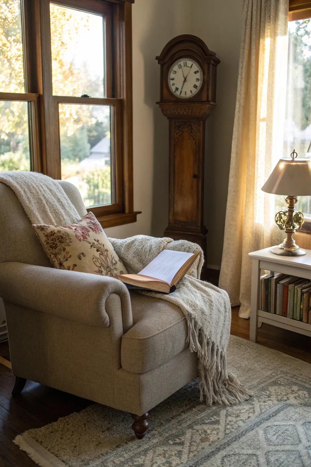 A pendulum timepiece gives a comforting presence to a bedroom space.