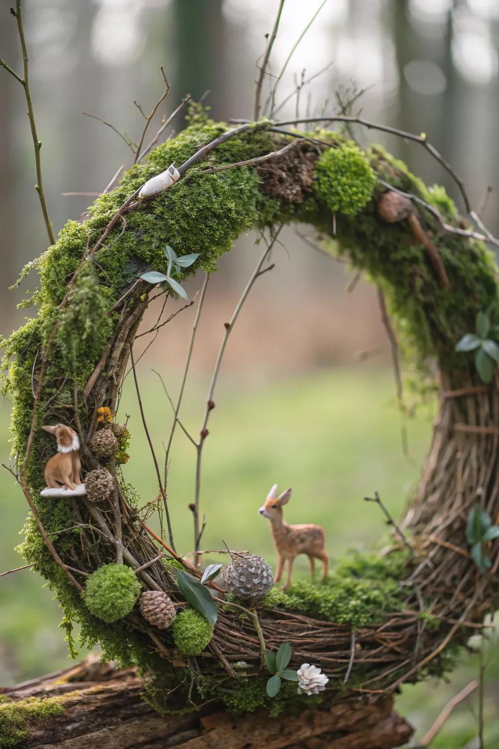 A forest-themed grapevine wreath with plant growth.