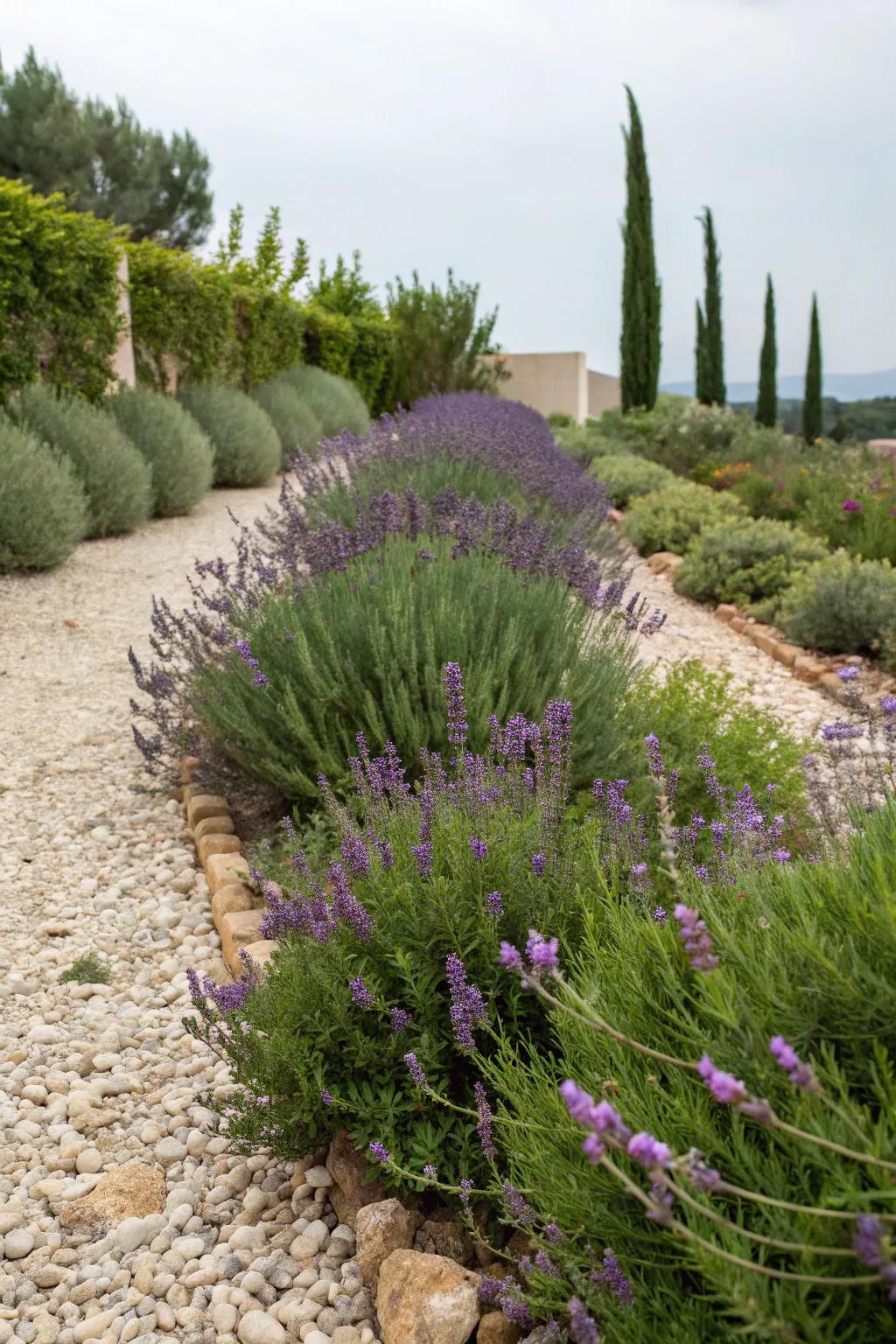 A Mediterranean-inspired stone flower bed with fragrant plants