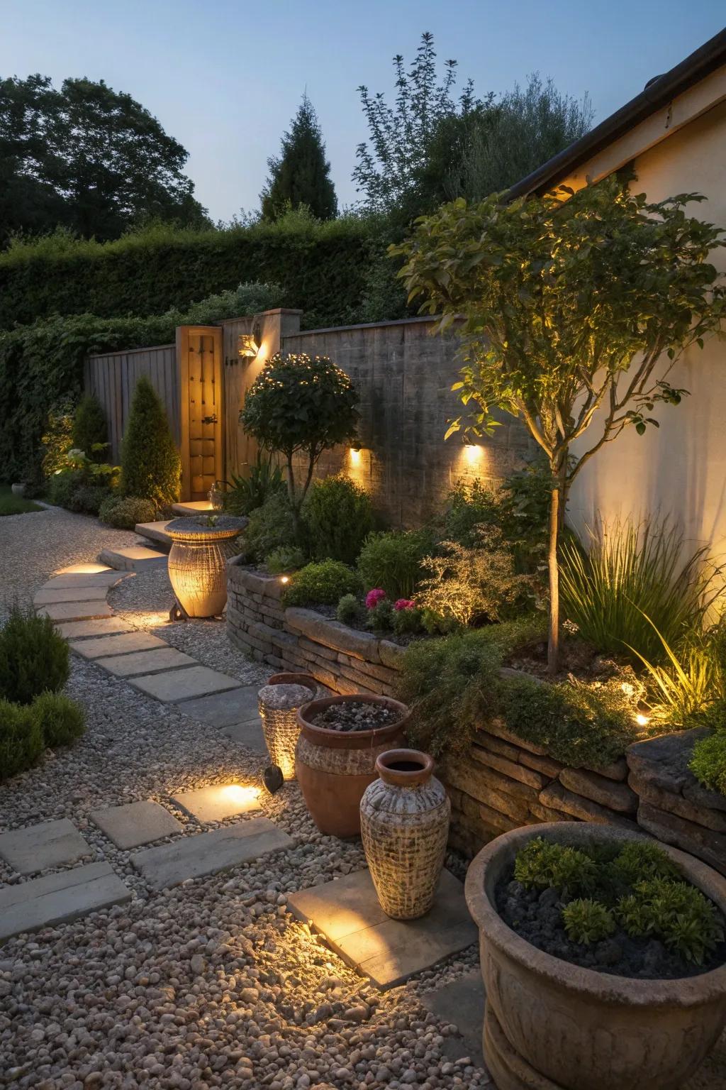 Focused lighting transforms a gravel garden into an evening hideaway.
